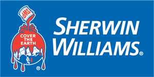 Sherwin-Williams logo featuring a paint can pouring red paint over a globe with the text "Cover the Earth," next to the "Sherwin-Williams" name in white on a blue background, ideal for roof repair projects.