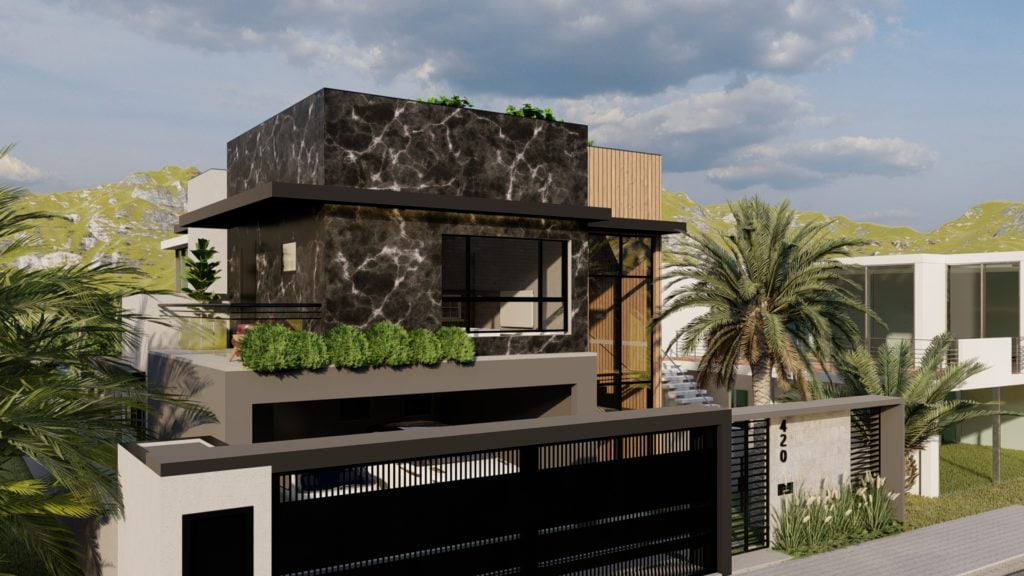 Modern two-story house with a black marble facade, large windows, and a rooftop garden featuring attic venting, surrounded by lush greenery and palm trees, set against a backdrop of hills and a partly cloudy sky.