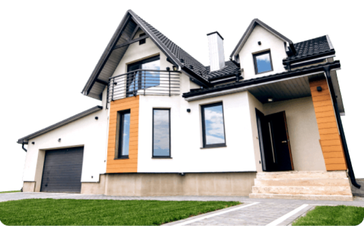 Modern two-story house with a front balcony, large windows, and an attached garage. The main entrance features steps leading up to a door. The house boasts white and wooden exterior walls and a sleek flat roof.
