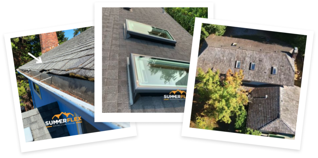Three photos showing roofing issues: clogged gutter with debris, two skylights on shingles, and an aerial view of a large roof with worn shingles. Text reads "SUMERFLEX". Perfect for a comprehensive roof inspection by a professional roofing contractor.