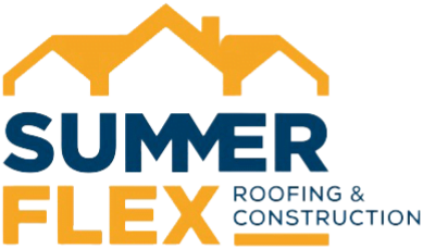 Logo with text "SummerFlex Roofing & Construction" beneath three stylized yellow house roofs, highlighting their expertise in roof inspection.